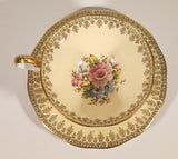 Vintage Queen Anne Fine Bone China England Pink and Blue Flowers Light Yellow Ornate Gold Trim Tea Cup & Saucer Set