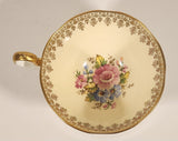 Vintage Queen Anne Fine Bone China England Pink and Blue Flowers Light Yellow Ornate Gold Trim Tea Cup & Saucer Set