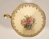 Vintage Queen Anne Fine Bone China England Pink and Blue Flowers Light Yellow Ornate Gold Trim Tea Cup & Saucer Set
