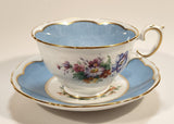 Vintage Crown Fine Bone China Staffordshire England Mixed Flower Pattern Blue and White Gold Trim Tea Cup Saucer