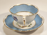 Vintage Crown Fine Bone China Staffordshire England Mixed Flower Pattern Blue and White Gold Trim Tea Cup Saucer