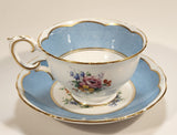 Vintage Crown Fine Bone China Staffordshire England Mixed Flower Pattern Blue and White Gold Trim Tea Cup Saucer