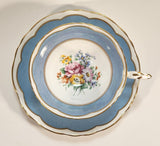 Vintage Crown Fine Bone China Staffordshire England Mixed Flower Pattern Blue and White Gold Trim Tea Cup Saucer