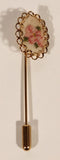 Vintage Needlepoint Style Pink Rose Flowers Gold Tone Ring Bordered Stick Pin