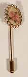 Vintage Needlepoint Style Pink Rose Flowers Gold Tone Ring Bordered Stick Pin