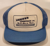 Vintage Penner Livestock Ltd. We'll Moo-ve Yours Coaldale, Alberta Light Blue and White Snapback Mesh Trucker Cap Hat