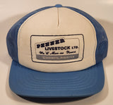 Vintage Penner Livestock Ltd. We'll Moo-ve Yours Coaldale, Alberta Light Blue and White Snapback Mesh Trucker Cap Hat