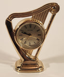 Vintage Rhythm Quartz Harp Shaped Brass Tone Metal Alarm Clock No. 4RE947 Made in Japan