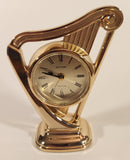 Vintage Rhythm Quartz Harp Shaped Brass Tone Metal Alarm Clock No. 4RE947 Made in Japan