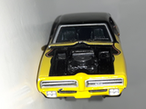 2003 Johnny Lightning 1969 Pontiac GTO Yellow and Black Die Cast Toy Car Vehicle with Opening Hood - Busted Spoiler
