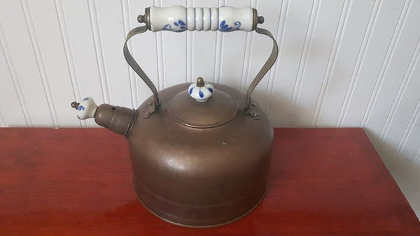 Vintage Copper Tea Pot, Delft Blue/White Porcelain Ceramic handles, w/ Boiling Water Spout - Treasure Valley Antiques & Collectibles