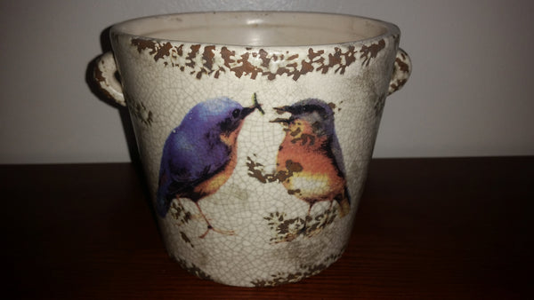 Vintage Crackle Stoneware Flower Pot with Handles Painted with blue birds sharing an insect - Treasure Valley Antiques & Collectibles