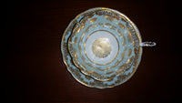1950s Paragon Teal (light Blue) Tea Cup and Saucer w/ Gold Trim and Gold Snowflake Design