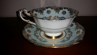 1950s Paragon Teal (light Blue) Tea Cup and Saucer w/ Gold Trim and Gold Snowflake Design - Treasure Valley Antiques & Collectibles