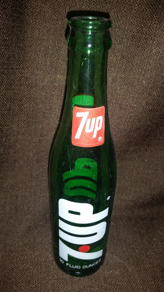 Vintage 1970s 7up 10 Fluid Ounces Green Glass Bottle in Great Condition - Treasure Valley Antiques & Collectibles