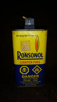 Vintage Late 1970s Ronsonol Lighter Fuel 8 oz fl 227ml English French Tin Canister (Some inside) - Treasure Valley Antiques & Collectibles