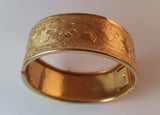 Vintage Art Nouveau Etched Floral Gold-look Metal Hinged Bangle - Treasure Valley Antiques & Collectibles