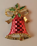 1970s Christmas Bell Ribbon & Holly Brooch Red Gold Green - Treasure Valley Antiques & Collectibles