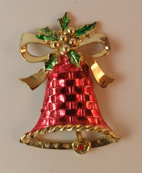1970s Christmas Bell Ribbon & Holly Brooch Red Gold Green - Treasure Valley Antiques & Collectibles