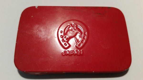1940-1950s Horseshoe Japan Sesame Seed Tin Red - Treasure Valley Antiques & Collectibles