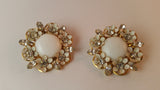 Vintage White Rhinestone Flower Gold Tone Clip On Earrings - Treasure Valley Antiques & Collectibles