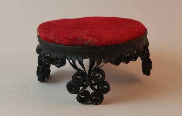 Vintage 1960s Miniature Doll House Rolled Tin Can Red Velvet Upholstered Footstool - Treasure Valley Antiques & Collectibles