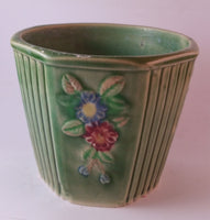 Vintage Japan Floral Green Ceramic Pottery Planter Red Blue Flowers - Treasure Valley Antiques & Collectibles