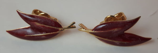 Vintage Signed D'orlan Red Maroon Enamel Leaf Feather Gold Tone Clip On Earrings - Treasure Valley Antiques & Collectibles