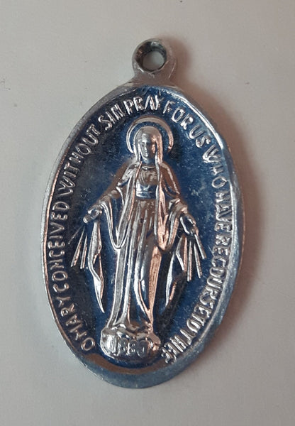 Early 20th Century Saint Catherine Labouré Miraculous Medal Virgin Mary Rosary Silver Look Pendant - Treasure Valley Antiques & Collectibles