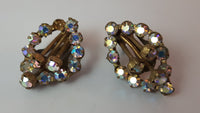 Vintage Aurora Borealis Rhinestone in Gold Tone Clip On Earrings - Treasure Valley Antiques & Collectibles