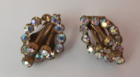 Vintage Aurora Borealis Rhinestone in Gold Tone Clip On Earrings - Treasure Valley Antiques & Collectibles
