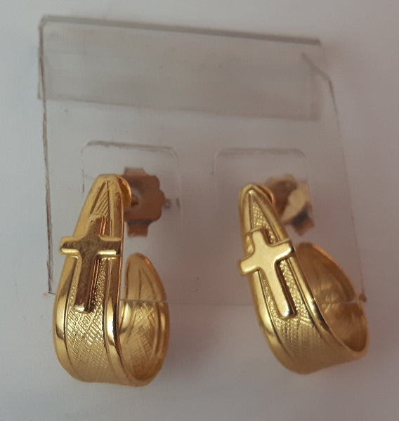 Vintage Gold Tone Curved Christian Cross Religious Push Back Earrings - Treasure Valley Antiques & Collectibles