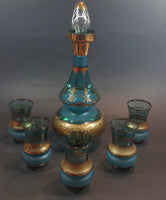 1960s Bohemia Crystal Czechoslovakia Aqua Turquoise Gold Gilt Decanter Set with 5 Glasses
