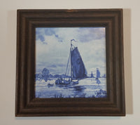 Vintage French Porcelain Ship Boat Framed Tile in Delft Blue Style - Treasure Valley Antiques & Collectibles
