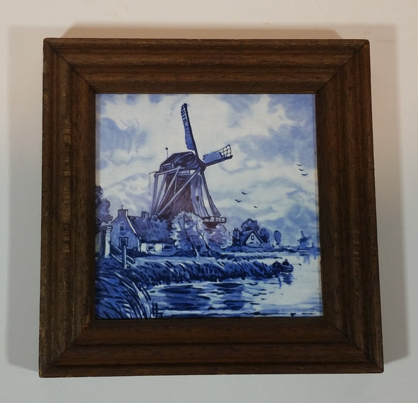Villeroy & Boch Porcelain Windmill Cottage Shoreline Framed Tile in Delft Blue Style - France - Treasure Valley Antiques & Collectibles