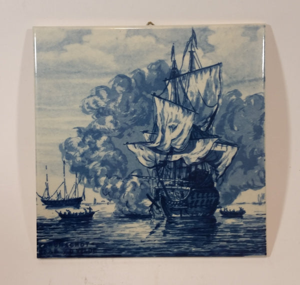 1960s Delft Blauw Willem van de Velde Ship - "The Cannon Shot" Painting c.1670 - Treasure Valley Antiques & Collectibles