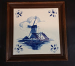 1980s West German Delft Blue Wooden Framed Windmill Canal Scene Tile - Treasure Valley Antiques & Collectibles