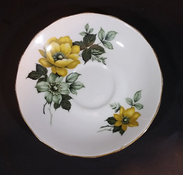 1959-1964 Queen Anne Bone China Yellow Roses and Teal Poppy Teacup Saucer 8520 - Treasure Valley Antiques & Collectibles