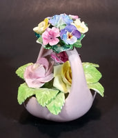 1950s Staffordshire FLORAL Bone China Mixed Flower Bouquet in Pink Basket
