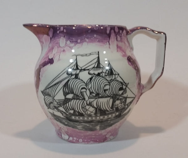 c. 1840 Antique Sunderland Pink Lustreware Mottoware "Sailor's Fairwell" Ship Ewer Jug - Treasure Valley Antiques & Collectibles