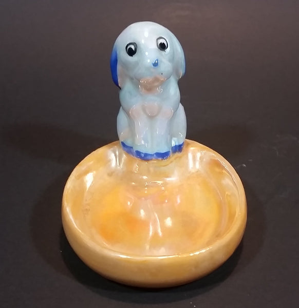 Antique Noritake Figural Blue Dog Sitting on Peach Luster Lustreware Ring Pin Tray Dish - Japan - Treasure Valley Antiques & Collectibles