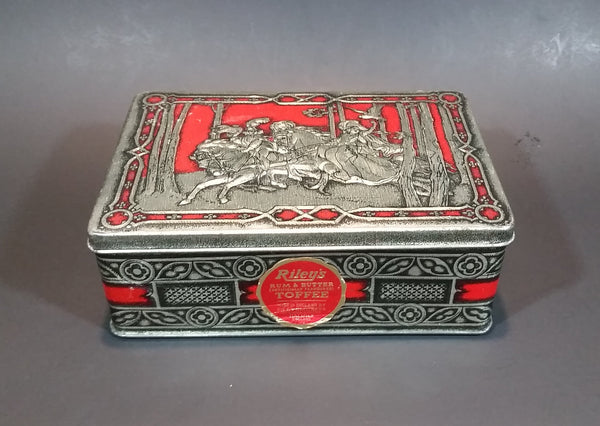1950s Riley's Rum & Butter Toffee Medieval Hunting Scene Embossed Red Tin with Original Sticker - Treasure Valley Antiques & Collectibles