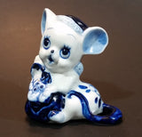 Vintage 1970s Enesco Delft Blue Style Handpainted Floral Decorated Cute Mouse Figurine - Treasure Valley Antiques & Collectibles
