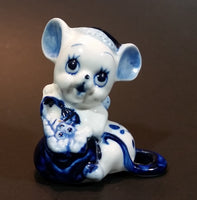 Vintage 1970s Enesco Delft Blue Style Handpainted Floral Decorated Cute Mouse Figurine - Treasure Valley Antiques & Collectibles