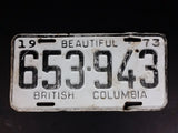 Vintage 1973 Beautiful British Columbia White with Black Letters Vehicle License Plate - Treasure Valley Antiques & Collectibles