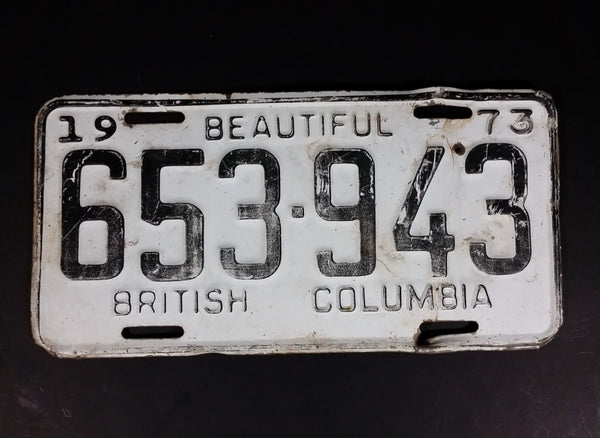 Vintage 1973 Beautiful British Columbia White with Black Letters Vehicle License Plate - Treasure Valley Antiques & Collectibles