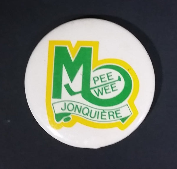 1980s Jonquiere Quebec Canada Pee Wee Hockey Green and Yellow Round Button Pin - Treasure Valley Antiques & Collectibles