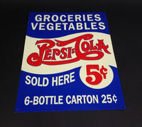 Vintage Style Pepsi-Cola Sold Here 5¢ 6-Bottle Carton 25¢ Groceries Vegetables Embossed Tin Sign - Reproduction - Treasure Valley Antiques & Collectibles