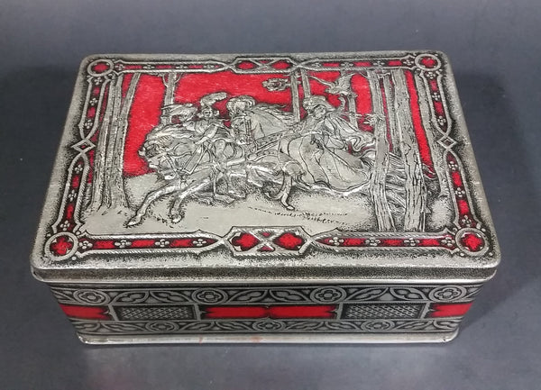 1950s Riley's Rum & Butter Toffee Medieval Hunting Scene Embossed Red Tin with Ingredient Sticker