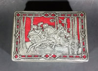 1950s Riley's Rum & Butter Toffee Medieval Hunting Scene Embossed Red Tin with Ingredient Sticker - Treasure Valley Antiques & Collectibles